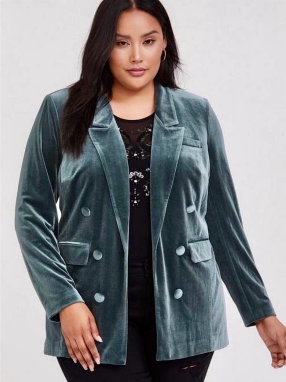 Torrid ‘Velvet Open Front Double-Breasted Blazer’ in “Botanical Green” Teal 2X